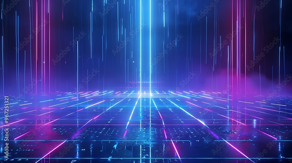A vibrant futuristic landscape with neon lights and digital patterns, perfect for technology and sci-fi themes. Stage for product presentation. A vibrant futuristic landscape with neon lights and digital patterns, perfect for technology and sci-fi themes. Stage for product presentation.