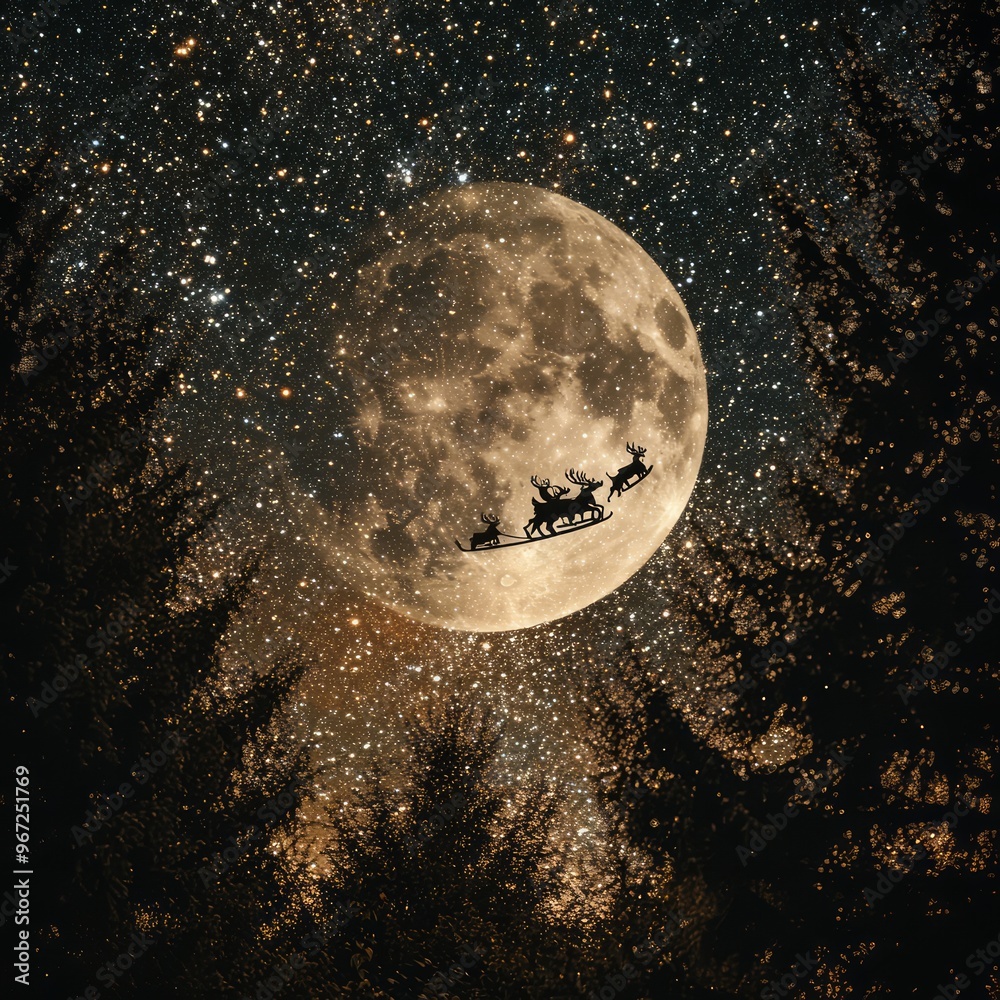 Santa Claus flies through the night sky in a sleigh pulled by reindeer ...