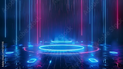 Wallpaper Mural A vibrant futuristic stage with neon lights, glowing circles, and digital rain, perfect for showcasing technology or events. Stage for product presentation. Torontodigital.ca