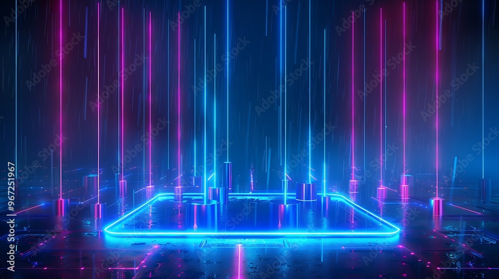 A vibrant neon abstract background featuring glowing lines and geometric shapes, perfect for technology and digital art themes. Stage for product presentation. A vibrant neon abstract background featuring glowing lines and geometric shapes, perfect for technology and digital art themes. Stage for product presentation.