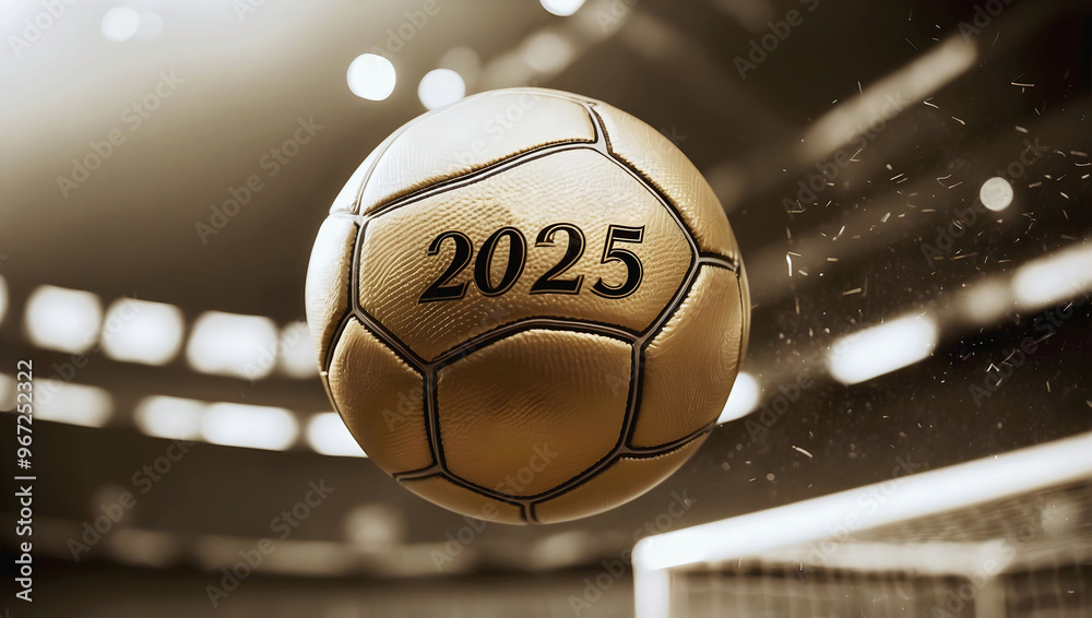 happy new 2025 year soccer themed, football background, sport concept, template, soccer field
