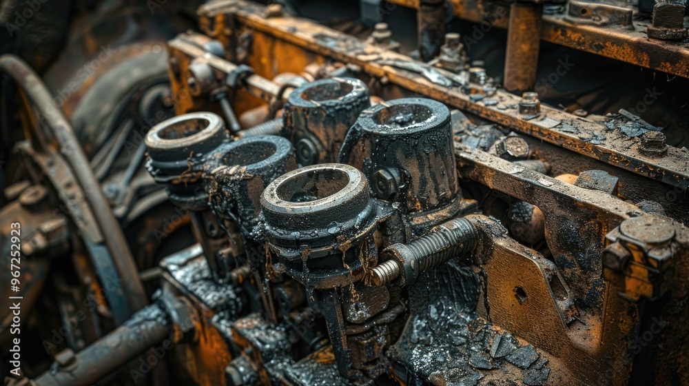 Malfunctioning internal combustion engine with broken pistons and soot covered parts Malfunctioning internal combustion engine with broken pistons and soot covered parts