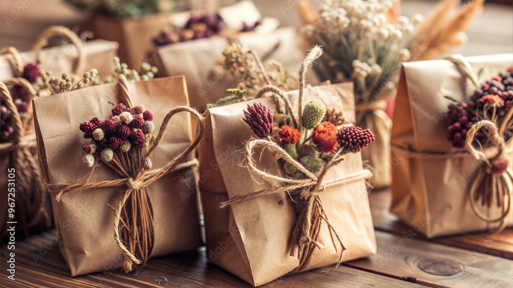 Charming dried flower arrangements for gift wrapping with twine on rustic background Charming dried flower arrangements for gift wrapping with twine on rustic background