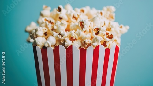 A vibrant and enticing image of freshly popped popcorn, showcasing its fluffy, golden kernels and irresistible texture. The popcorn is presented in a way that highlights its appeal as a popular snack,