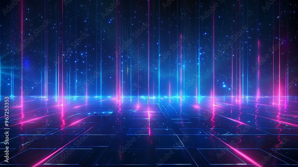 A vibrant neon light display with dynamic beams, creating a futuristic atmosphere perfect for digital backgrounds and concept art. Stage for product presentation. A vibrant neon light display with dynamic beams, creating a futuristic atmosphere perfect for digital backgrounds and concept art. Stage for product presentation.