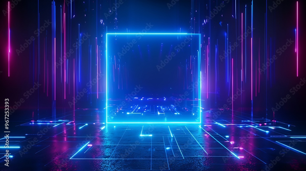A vibrant neon light scene featuring a glowing cube surrounded by colorful vertical lines, creating a futuristic atmosphere. Stage for product presentation. A vibrant neon light scene featuring a glowing cube surrounded by colorful vertical lines, creating a futuristic atmosphere. Stage for product presentation.