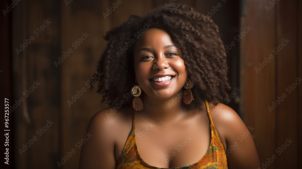 Portrait of dark skinned plus size woman smiles gladfully being in good mood. Neural network ai generated art Portrait of dark skinned plus size woman smiles gladfully being in good mood. Neural network ai generated art
