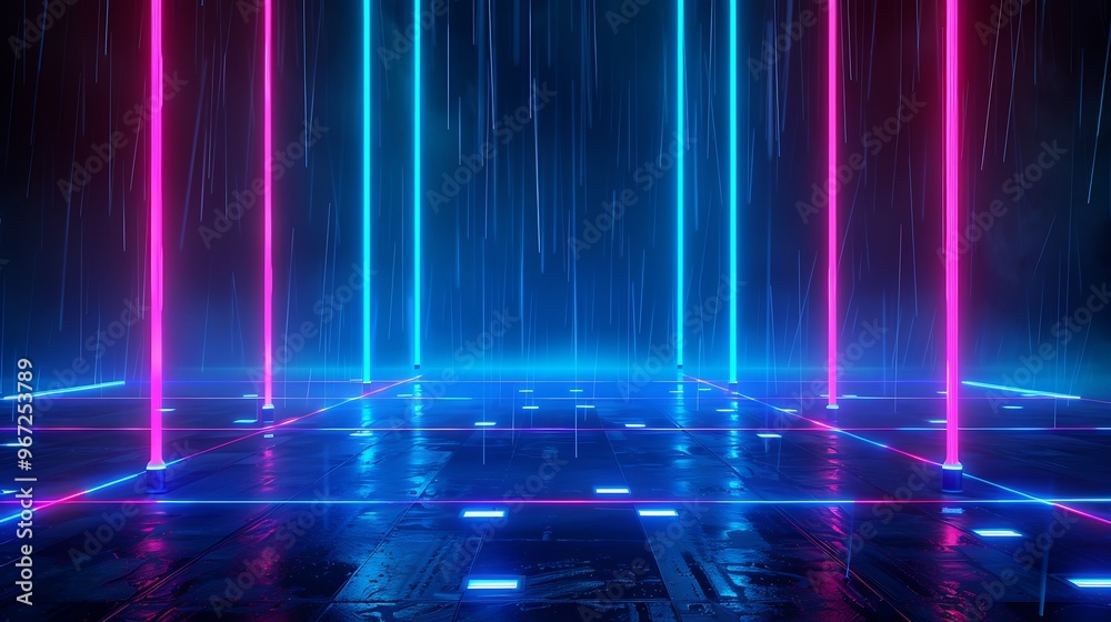 A vibrant neon-lit backdrop with colorful lights and reflections, perfect for futuristic and creative visual projects. Stage for product presentation. A vibrant neon-lit backdrop with colorful lights and reflections, perfect for futuristic and creative visual projects. Stage for product presentation.