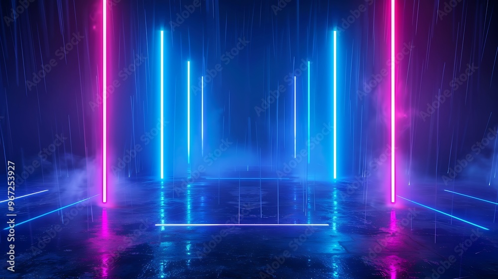 A vibrant neon-lit scene featuring colorful lights, reflecting on a wet surface, creating a futuristic atmosphere. Stage for product presentation. A vibrant neon-lit scene featuring colorful lights, reflecting on a wet surface, creating a futuristic atmosphere. Stage for product presentation.