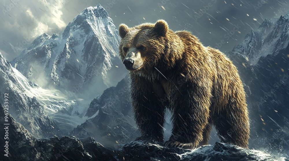Obraz premium A unique scene of a bear in the rain on Mount Everest, showcasing a rare juxtaposition of wildlife and extreme weather conditions in one of the world's highest and harshest environments