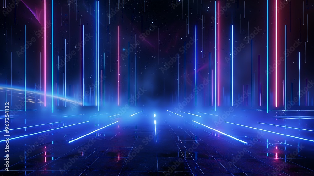 A vibrant, futuristic scene featuring glowing neon lights and a reflective surface, perfect for tech and sci-fi themes. Stage for product presentation. A vibrant, futuristic scene featuring glowing neon lights and a reflective surface, perfect for tech and sci-fi themes. Stage for product presentation.