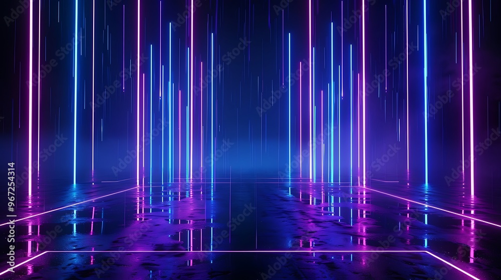 A vibrant scene of glowing neon lights with colorful reflections creating a futuristic ambiance. Stage for product presentation.