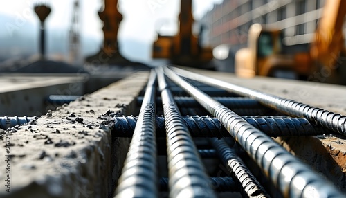 Intricate close-up of rusty steel rebar embedded in concrete showcasing details at a construction site