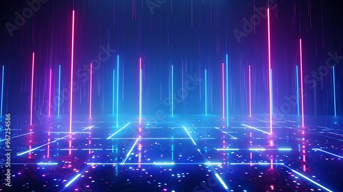 A vibrant visual of vertical neon lights against a dark background, creating an energetic and futuristic ambiance. Stage for product presentation.