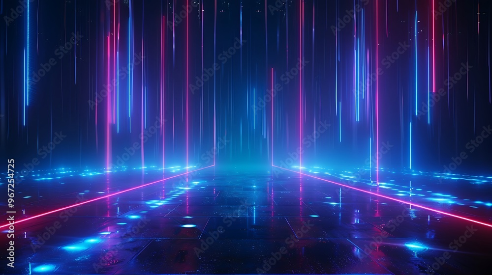 A vibrant, futuristic scene with neon lights and glowing lines, creating a dynamic and immersive digital atmosphere. Stage for product presentation. A vibrant, futuristic scene with neon lights and glowing lines, creating a dynamic and immersive digital atmosphere. Stage for product presentation.