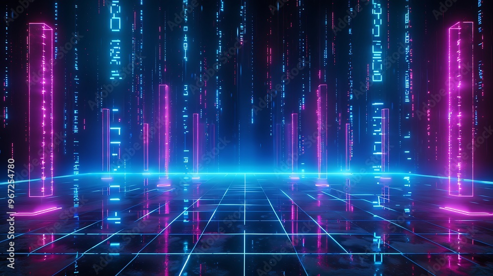 A vivid and futuristic digital landscape featuring glowing columns and cascading binary data on a reflective grid. Stage for product presentation. A vivid and futuristic digital landscape featuring glowing columns and cascading binary data on a reflective grid. Stage for product presentation.
