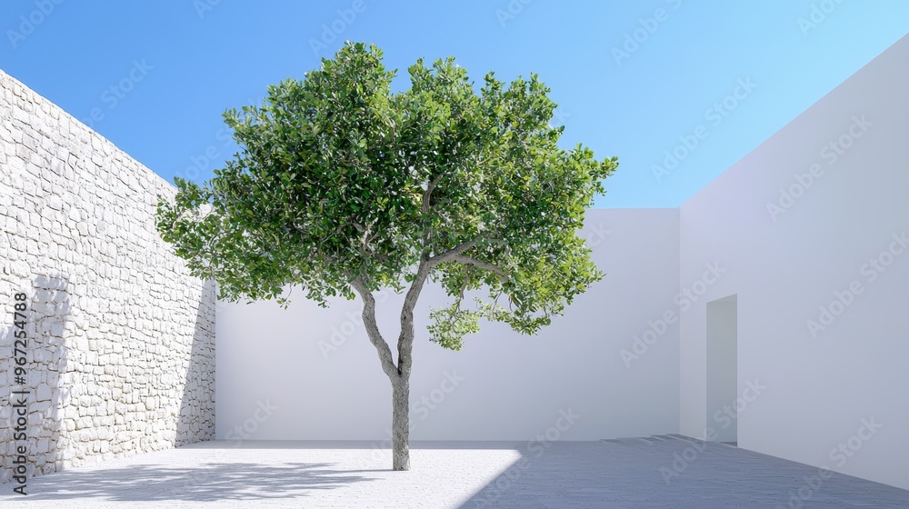 Obraz premium Symmetry in Courtyards and Gardens, Analyze how symmetrical layouts of courtyards and gardens in minimalist religious buildings provide a balanced outdoor space.