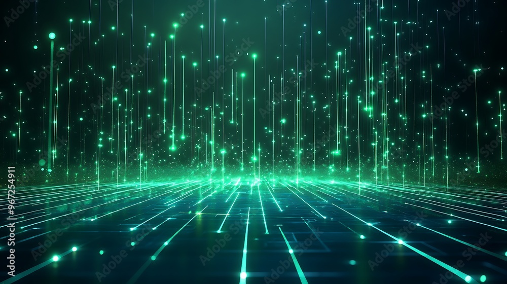Abstract digital background featuring glowing green lines and particles, creating a futuristic and dynamic atmosphere. Stage for product presentation. Abstract digital background featuring glowing green lines and particles, creating a futuristic and dynamic atmosphere. Stage for product presentation.