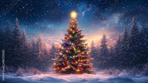 Beautiful Christmas tree in snowy forest with lights