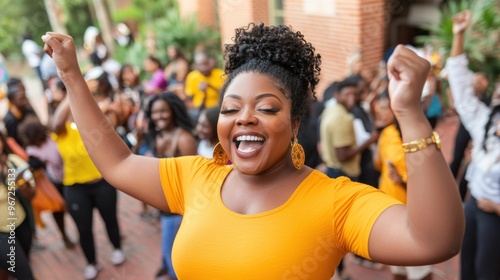 Joyful plus-size black woman celebrating with friends outdoors in vibrant yellow outfit photo