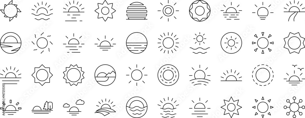 Sun Line Icon Pack. Editable Stroke. Minimalistic Linear Pictogram for Design of Cards, Apps, Banners, Posts Sun Line Icon Pack. Editable Stroke. Minimalistic Linear Pictogram for Design of Cards, Apps, Banners, Posts