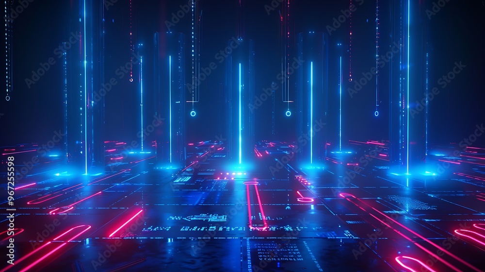 Obraz premium Abstract futuristic landscape with glowing neon towers and vibrant lines, creating a digital and technology-inspired ambiance. Stage for product presentation.
