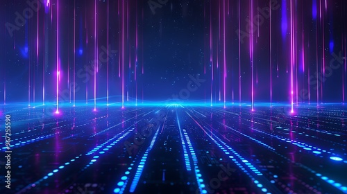 Abstract futuristic background with vibrant neon lights and glowing lines, perfect for technology and digital themes. Stage for product presentation.