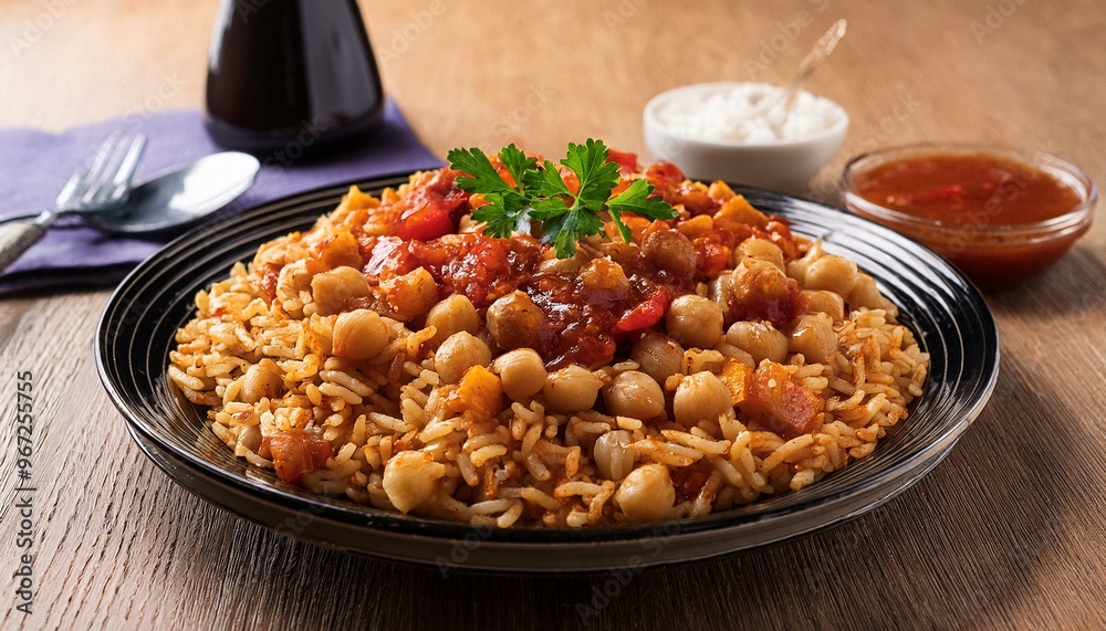 A hearty plate of Egyptian Koshari, featuring a mix of rice, lentils, chickpeas, and pasta, topped with crispy onions and a spicy tomato sauce.