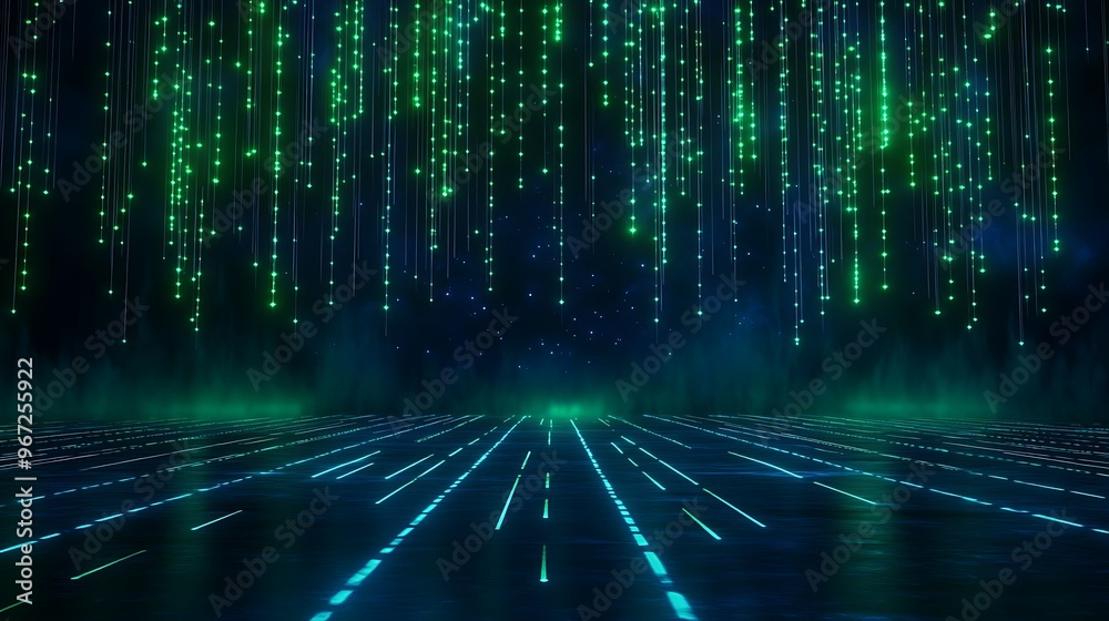 An abstract digital landscape featuring cascading green lights and a glowing blue horizon, perfect for tech-themed projects. Stage for product presentation. An abstract digital landscape featuring cascading green lights and a glowing blue horizon, perfect for tech-themed projects. Stage for product presentation.