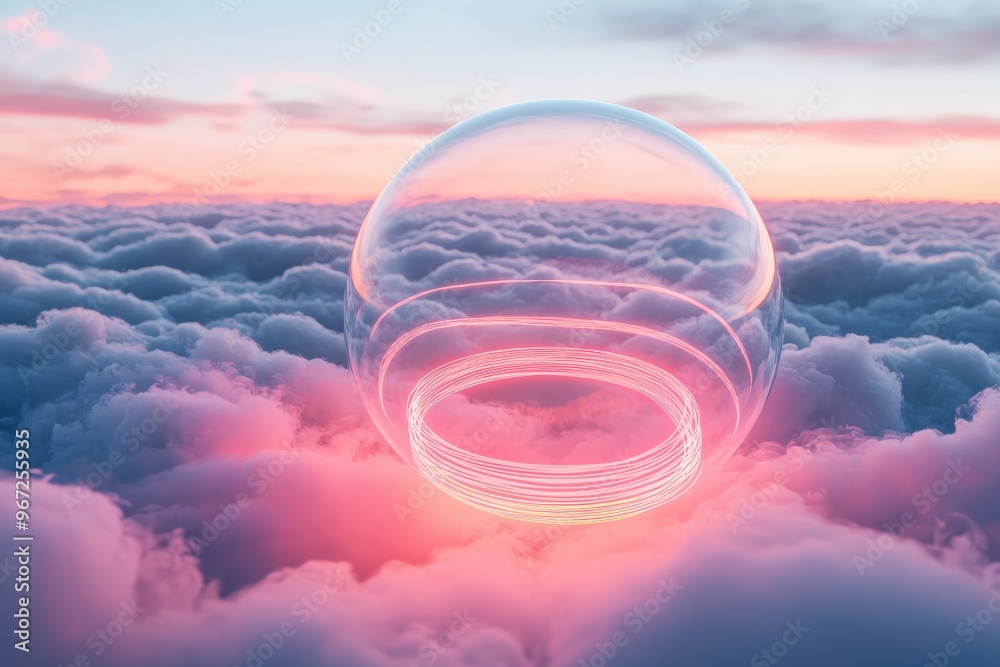 Surreal glass sphere floating above cloudy sunset sky, magical mystical landscape Surreal glass sphere floating above cloudy sunset sky, magical mystical landscape