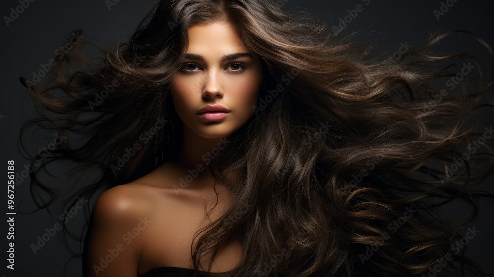 Obraz premium Vogue style close up portrait of beautiful woman with long curly blond hair on black background. Neural network ai generated art