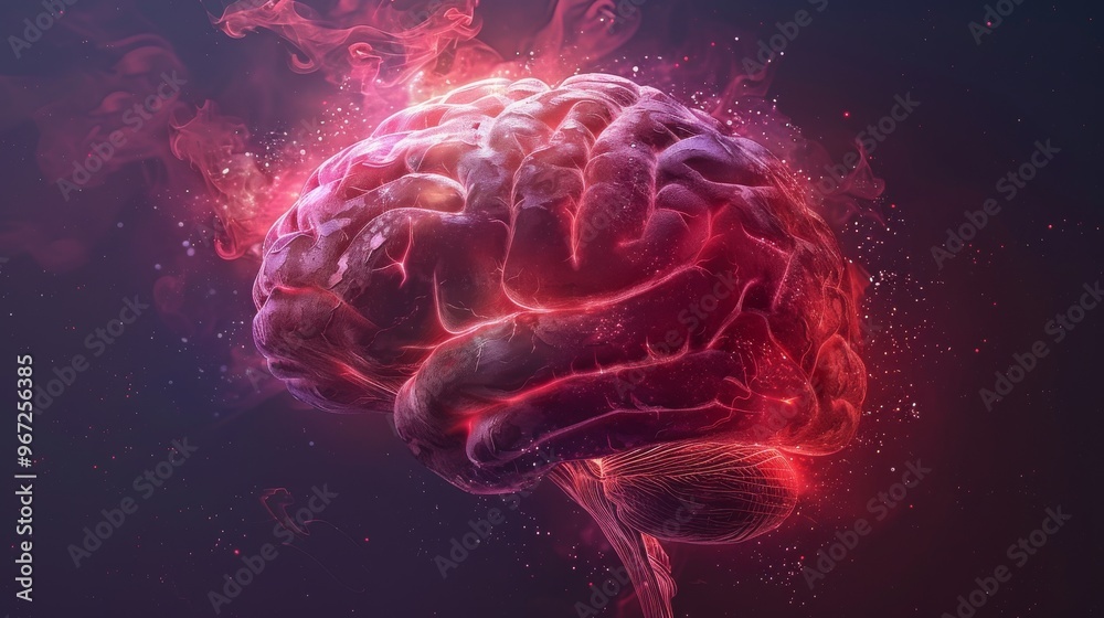 Glowing Human Brain with Red Smoke and Sparkles Glowing Human Brain with Red Smoke and Sparkles