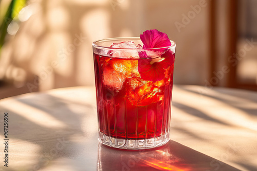 Hibiscus Tea drink in modern off-white minimalist trendy stylish vegan plant-based cafe bar setting with stucco concrete wall, product photography, outdoors, sunny, beverage, bright, shadow play