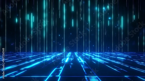 Futuristic abstract background featuring glowing blue lines and digital patterns, ideal for technology and sci-fi themes. Stage for product presentation.