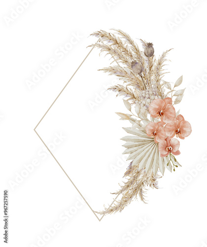 Bohemian Floral Frame with Dried Pampas, Dried Palm Leaf, Poppy Pods and Orchids