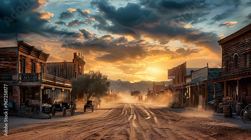 A small old west town where historic wooden buildings line a dusty street under a serene sunset sky. photo