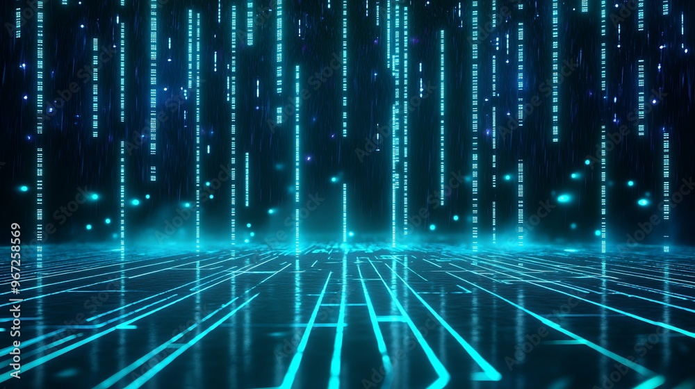 Futuristic digital background featuring glowing lines and binary code, perfect for technology-themed projects and designs. Stage for product presentation. Futuristic digital background featuring glowing lines and binary code, perfect for technology-themed projects and designs. Stage for product presentation.