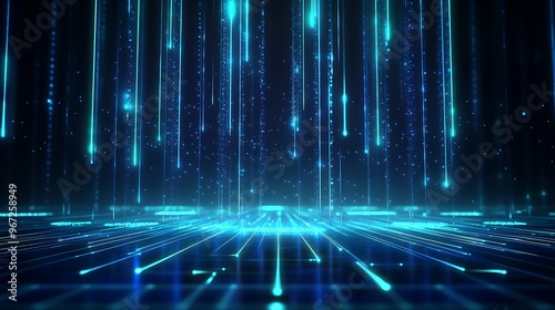 Futuristic digital background with bright blue lines and particles, creating an immersive tech environment for creative projects. Stage for product presentation.