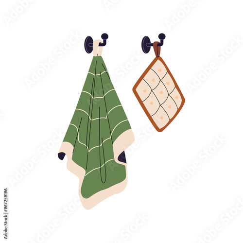 Kitchen towel and oven mitt hanging on hooks. Dishtowel, rag, cloth to wipe dish. Checkered potholder. Home accessories. Textile utensils. Flat isolated vector illustration on white background