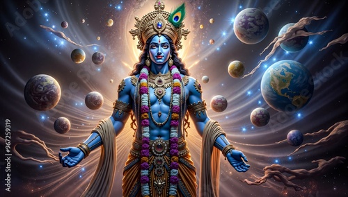 Cosmic Lord Krishna: Divine Deity Amidst Celestial Universe and Planets