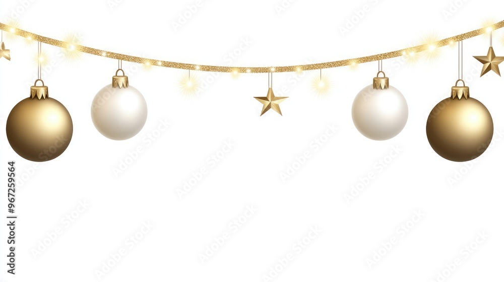 Elegant gold Christmas garland adorned with shiny balls and stars, perfect for festive holiday celebrations on a bright white background Elegant gold Christmas garland adorned with shiny balls and stars, perfect for festive holiday celebrations on a bright white background