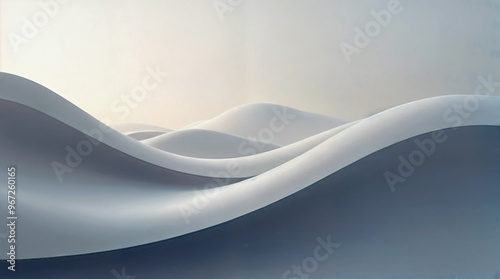 Sleek abstract waves in soft gray tones, minimalist design with smooth curves and gentle gradients creating a serene, futuristic landscape