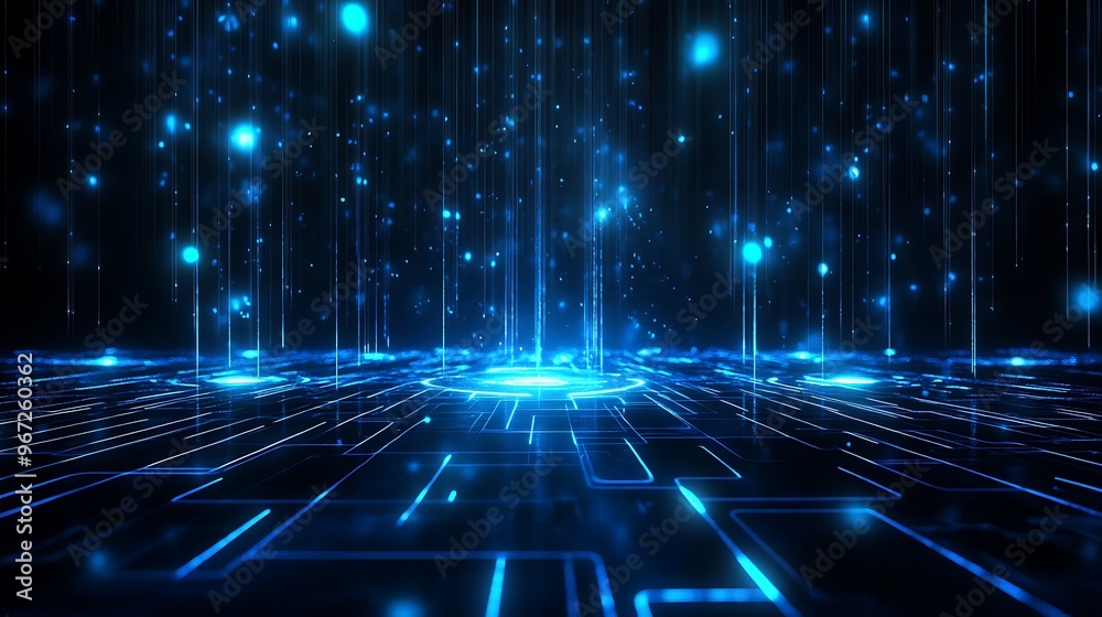 Futuristic digital landscape featuring glowing blue lines and data streams in an immersive virtual environment. Stage for product presentation. Futuristic digital landscape featuring glowing blue lines and data streams in an immersive virtual environment. Stage for product presentation.