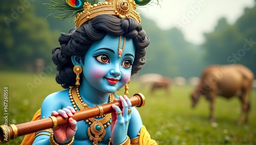Young Lord Krishna Playing Flute in Idyllic Pastoral Scene with Ornate Jewelry