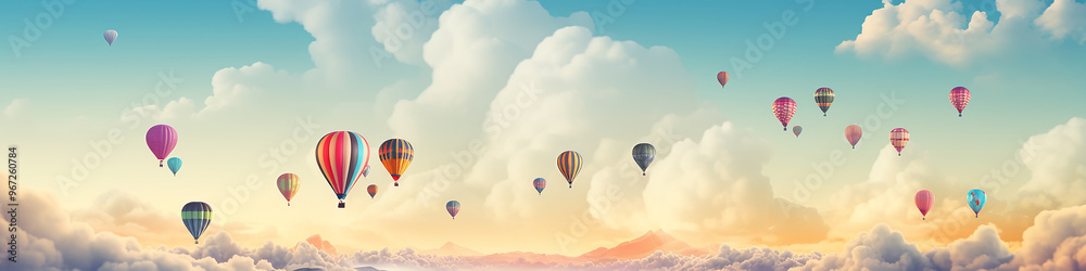 Obraz premium panorama of multicolored balloons in the sky above the clouds, long narrow panoramic view, background, space, freedom and happiness