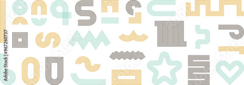 Line geometric arch and circle abstract shapes, retro elements for web, vintage. Brutalist, Contemporary mid century line design. Trendy vector geometric shapes collection.