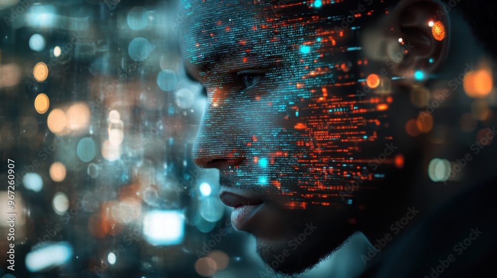 Digital Fusion of Humanity, a man's face illuminated by vibrant city lights and intricate technological data, merging urban life with the essence of modern identity. Digital Fusion of Humanity, a man's face illuminated by vibrant city lights and intricate technological data, merging urban life with the essence of modern identity.