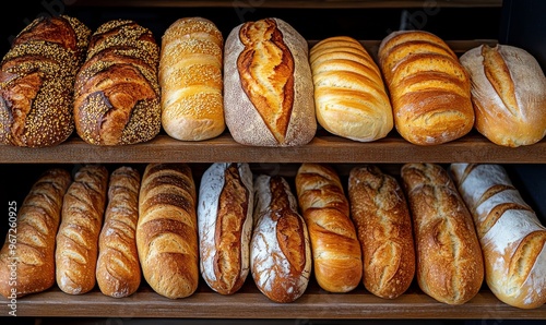 Freshly Baked Artisanal Bread Loaves Arranged Neatly on Wooden Shelves in a Bakery Environment