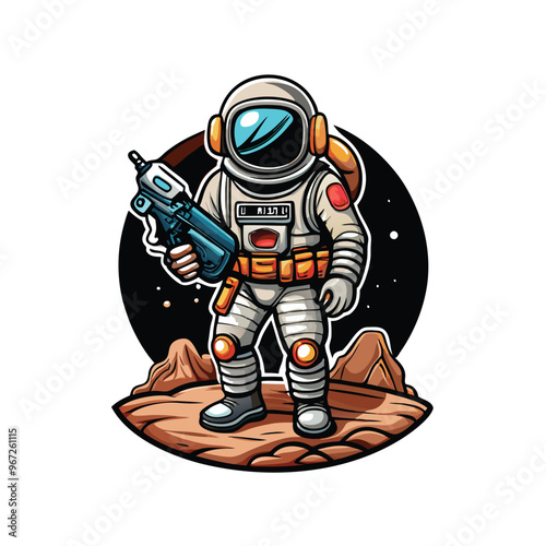 A retro 1950s sci-fi illustration of an astronaut in a white spacesuit holding a futuristic weapon, standing on an alien planet with a black space background.