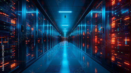 Compliance-ready data center solution with illustrative servers highlighting regulatory standards in modern facilities at night for GDPR, HIPAA. HD image